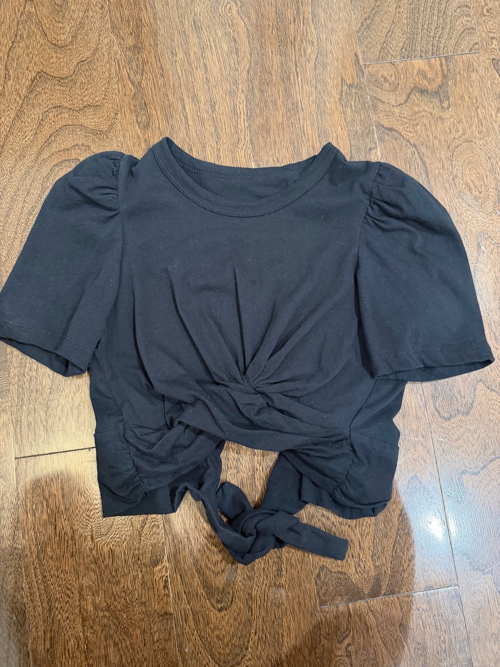 Katie J NYC Black Front-Tie Puff Sleeve Top